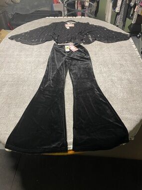 Black Velvet Flared Pants and black and silver crop top with butter sleeves set